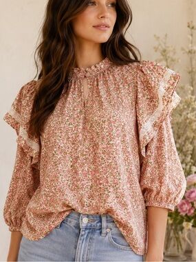 Who What Wear Pink Floral Lace Ruffle Puff Sleeve Peasant Blouse L